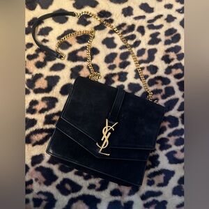 Saint Laurent Black Suede Shoulder Bag with Gold Chain